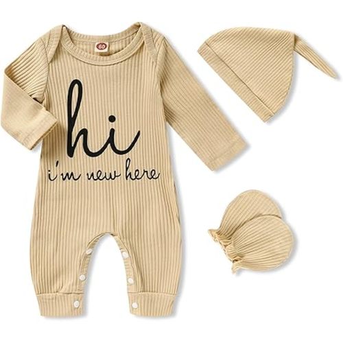 GRNSHTS Newborn Baby Boy Romper Coming Home Outfits Letter Print Bodysuit Jumpsuit+Hat+Gloves 3PCS Clothes Set