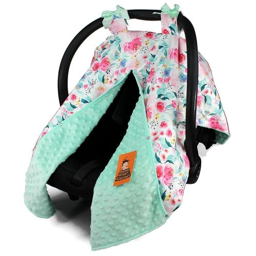 Dear Baby Gear Carseat Canopy - Car Seat Cover w/Snap Opening for Girls & Boys - Infant Car Chair Canopies - Floral & Farm Prints - Nursing Covers - 39"x32" (Pink Floral Watercolor Roses, Mint)
