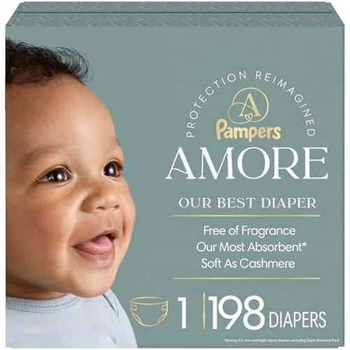 Pampers Amore, Size 1 (8-14 lbs), 198 Count, Our Best Diaper – Hypoallergenic & Fragrance Free, Up to 100% Leakproof, Soft as Cashmere