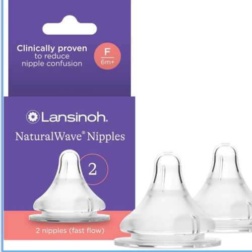 Lansinoh NaturalWave Baby Bottle Nipples – 100% Soft, Durable Silicone, Made Without BPA BPS, Anti-Colic, Supports The Baby’s Developing Mouth and Teeth, Fast Flow, Size F, 2 Count, 6+ Months