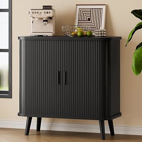 Sideboard Buffet Cabinet with Sliding Door, 31.5" Wide Fluted Modern Accent Storage Cabinet with Adjustable Shelves, Wood Coffee Bar Buffet Console Table for Kitchen, Dining Room, Living Room, Walnut