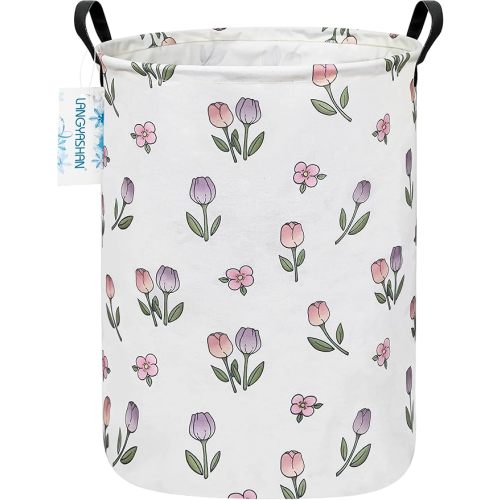 LANGYASHAN Laundry Basket Canvas Fabric Collapsible Organizer Basket for Storage Bin Toy Bins Gift Baskets Bedroom Clothes Children Nursery Hamper (Tulip)