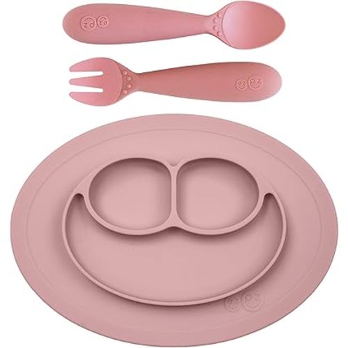 ezpz Mini Mat (Blush) + Mini Utensils (Fork & Spoon in Blush) - Toddler essentials mat and spoon