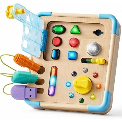 Busy Board with 15 LED Light – Montessori Learning Educational Toy with 9 Sounds, 5 Switches & Plugs, Travel Toys Sensory Activity Board for 18 Months - 3 Years Boy & Girl Birthday Gift
