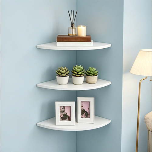 White Adhesive Corner Floating Shelf No Drill Wall Mount Space Saving Storage Rack Kitchen Bathroom Room Organizer