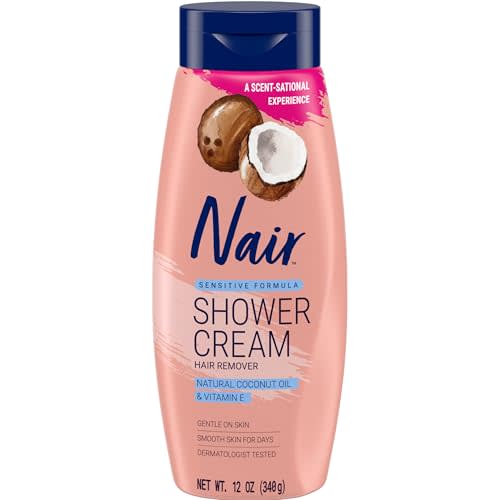 Nair Sensitive Shower Hair Removal Cream, Coconut Oil & Vitamin E, 12 Oz | Sensitive Skin Formula, Quick & Easy Body Hair Removal, Legs, Arms & Underarms, Smooth & Soft Skin
