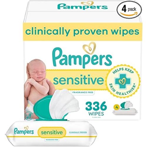 Pampers Baby Wipes, Sensitive, Water Based Wipe, Clinically Proven, Hypoallergenic, and Unscented for Babies, 336 Wipes Total (4 Flip-Top Packs)