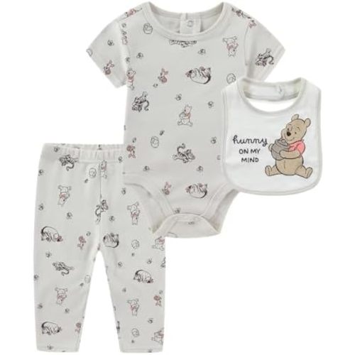 Disney Winnie the Pooh Baby Boys Bodysuit with Bib and Pants 3 Piece Set for Newborn Infants