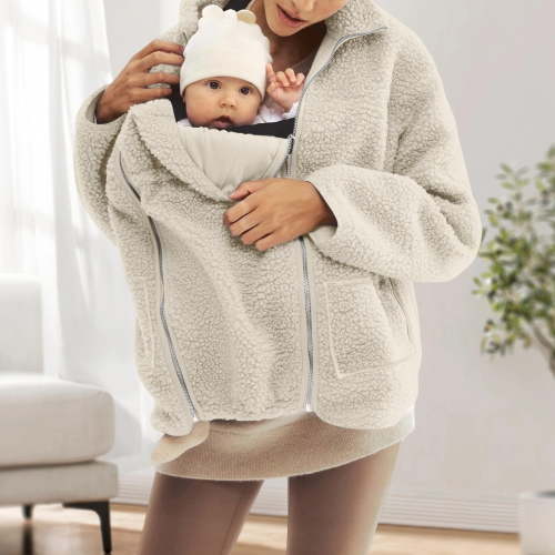 Maternity Coats for Women Maternity Winter Coat Maternity Winter Clothes Baby Wearing Jacket Women Fleece Zip Up 2 In 1 Baby Wearing Jacket Maternity Winter Coat Thicken Kangaroo Sweatshirt, Beige-L