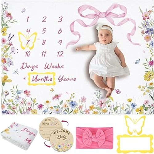 Floral Baby Monthly Milestone Blanket for Girls Flannel Blanket Newborn Infant Swaddle Baby Growth Blanket Photography Background with Wooden Signs,Frames,Headband