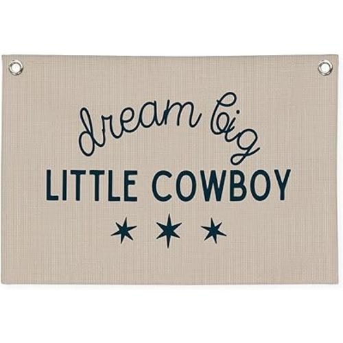 Boy Nursery Decor,Dream Big Little Cowboy Wall Art,Cowboy Nursery Decor Linen Banner Print,Wall Decor Hanging for Kids Boys Toddler Nursery Bedroom Playroom 30x20 Inch