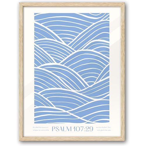 EcoHest Modern Christian Ocean Waves Framed Wall Art, 12x16 in OAK Wood Christian Psalm 107:29 Canvas Wall Art, Beige Logs Storm Home Decor Set of 1 for Bedroom Living Room