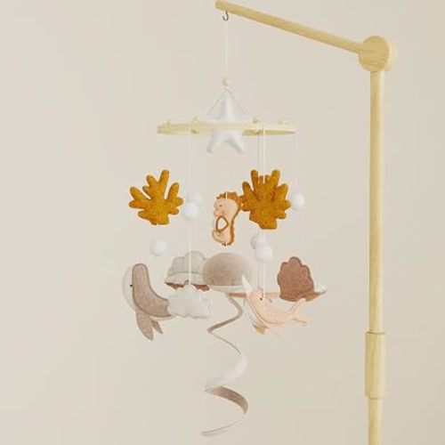 Baby Mobile for Crib – Handmade Ocean Baby Crib Mobile with Seahorse, Shell & Stingray, Nursery Mobiles with Beech Wood Ring, Mobile for Crib Hanging Toy, Neutral Felt Mobile for Bassinet Decor