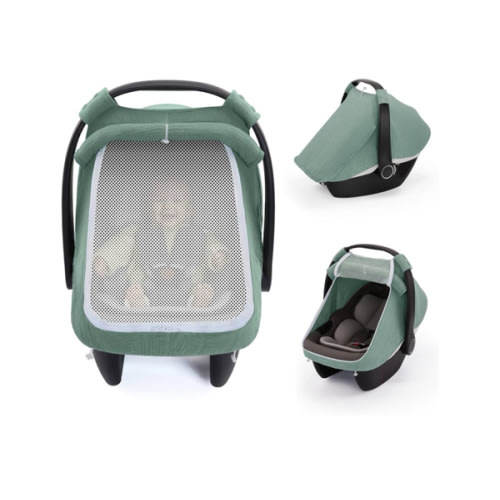 Blissful Diary Baby Car Seat Cover, Extra Large Mesh Window, Breathable Muslin Cotton, Infant Windproof Canopy, Must-Have Baby Gift - Roman Green