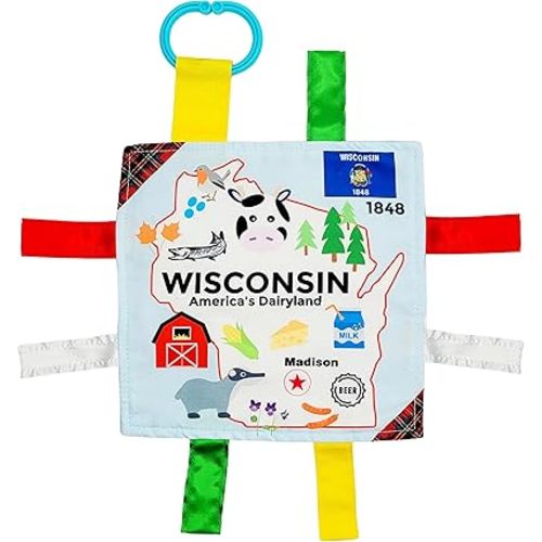 Baby Jack & Co 8x8" Learning Lovey Tag Toy for Babies - Crinkle Toy - Soft & Safe - Learn USA State Facts - Ideal BPA Free w/Stroller Clip (Wisconsin)