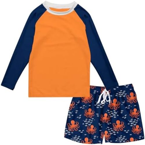 Boys Long Sleeve Rash Guard Swimsuit Kids 2-Pieces Bathing Suits Set