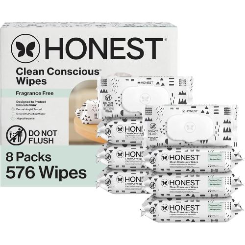 The Honest Company Clean Conscious Unscented Wipes | Over 99% Water, Compostable, Plant-Based, Baby Wipes | Hypoallergenic for Sensitive Skin, EWG Verified | Pattern Play, 576 Count
