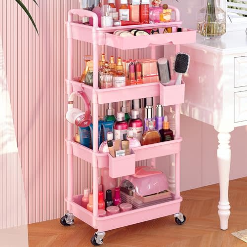 Goovilla Rolling Makeup Organizer Cart with Removable Drawer, 4 Tier Stable Pink Floor Skincare Storage Cart for Vanity, Cosmetic Display, Nail Polish, Perfume, Hair Stuff, Beauty, Bathroom(Plastic)