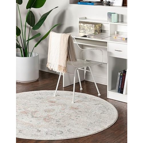 Rugs.com Madeline Vintage Collection Rug – 7 Ft Round Ivory Low-Pile Rug Perfect for Kitchens, Dining Rooms