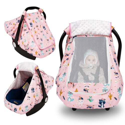 Beavtaens 3-in-1 Baby Car Seat Cover, Winter Infant Carseat Canopy, Soft & Breathable, Pink