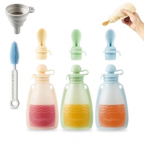 PandaEar 3 Pack Silicone Baby Food Pouches, Reusable Squeeze Pouches for Toddler with 3 Silicone Puree Feeder Spoon, BPA-Free Silicone Refillable Infant Food Storage, 5 oz (Light Tan&Walnut&Grey)