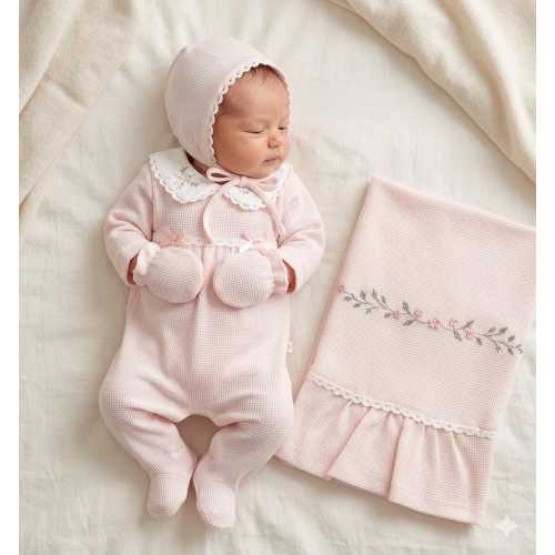 Pink 100% Cotton Embroidered Newborn Set with Blanket – Personalized Baby Girl Hospital Outfit