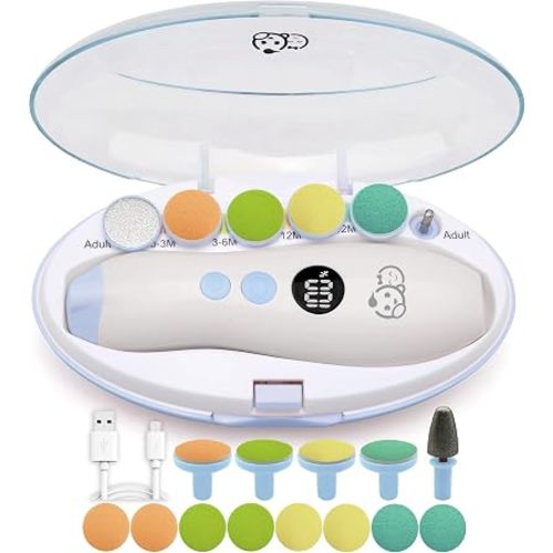 Royal Angels Rechargeable 22 in 1 Baby Nail Trimmer with LCD Display, Labeled Case, 13 Extra Pads, 4 Speed Settings, Safe Quiet LED Light Electric Baby Nail File Kit for Newborns Toddlers (WhiteBlue)