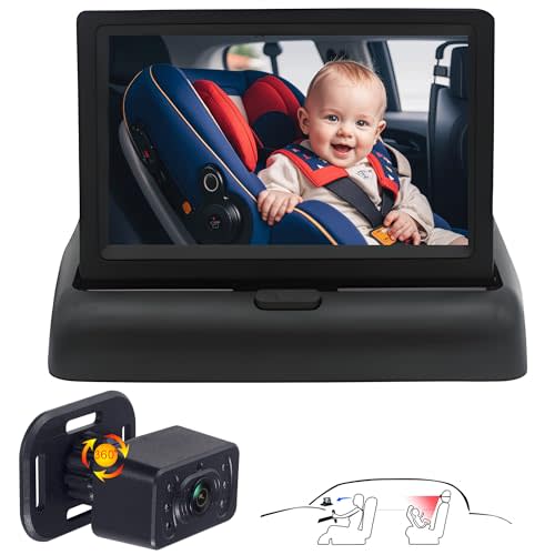 Baby Car Camera for Backseat-HD 720P 4.3 inch Monitor with Night Vision, 360 Rotation, 150 Wide View Angle. Protects Your Babys Eyes.Rear-Facing Backseat Camera for Kids, Infants, and Newborns KB45