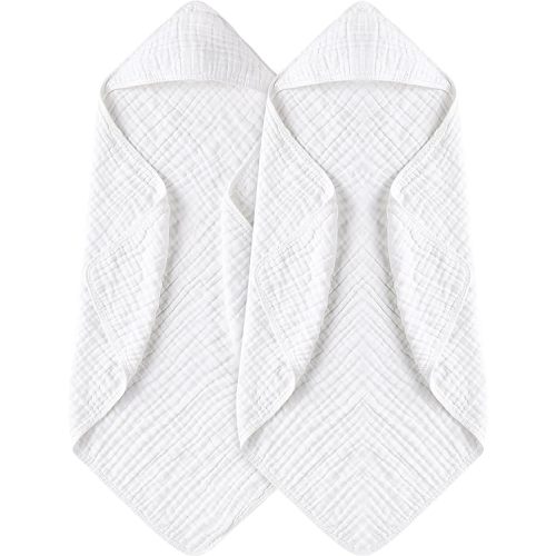 Yoofoss Hooded Baby Towels for Newborn 2 Pack 100% Muslin Organic Cotton Baby Bath Towel with Hood for Babies, Infant, Toddler and Kids, 32x32Inch, Soft and Absorbent Newborn Essential,White-2 Pack