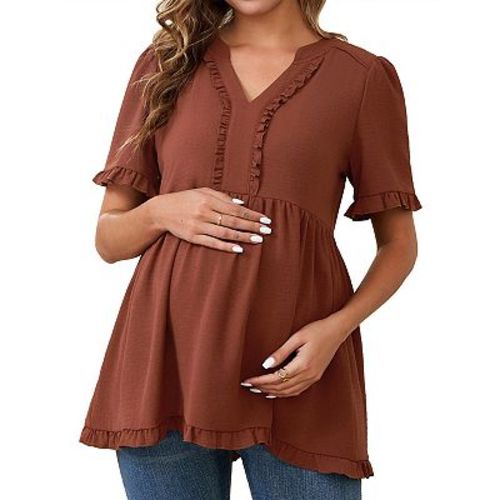 Women's Maternity Tops Boho Ruffled V Neck Short Sleeve Shirts Flowy Loose Casual Blouses