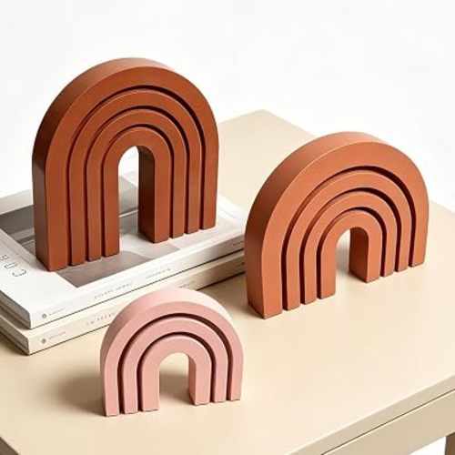 Set of 3 Pink Boho Shelf Decor Wood Arch, Modern Wooden Rainbow Arch Shelf Table Mantel Bookends for Living Room Office Nursery Aesthetic Home Decor