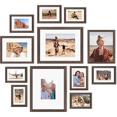 Egofine Picture Frame Set 12 Pack, Picture Frames Collage Wall Decor with Two 11x14, Two 8x10, Four 5x7, Four 4x6 for Wall and Tabletop, Made of Solid Wood, Covered by Plexiglass, Rustic Brown