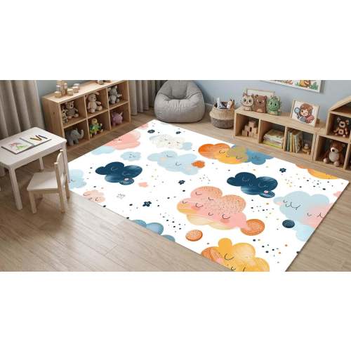 Aesthetic Smiling Cloud Kids Room Rug, Washable Pastel Nursery Decor, Whimsical Children's Playroom Carpet, Cute Cloud Pattern Floor Mat