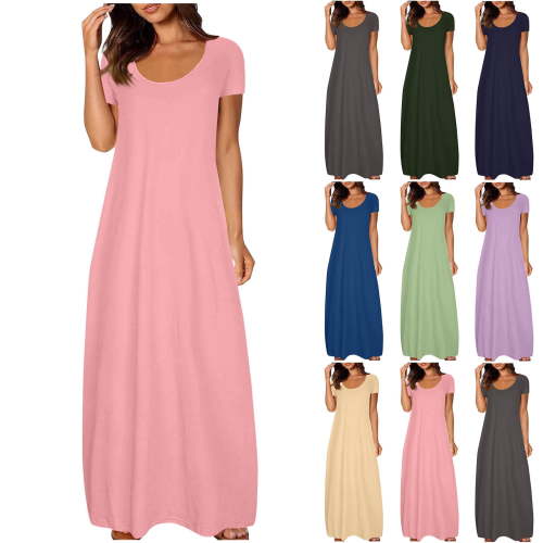 TAGOLD Womens Short Sleeve Round-Neck Dress Solid Color Pocket Maxi Length Summer Soft Fabric