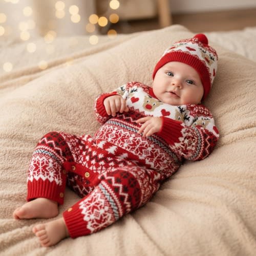 Personalized First Christmas Baby Outfit | Nordic Reindeer Knit Romper | Washable Embroidered Heirloom Toddler Winter Photo Bodysuit