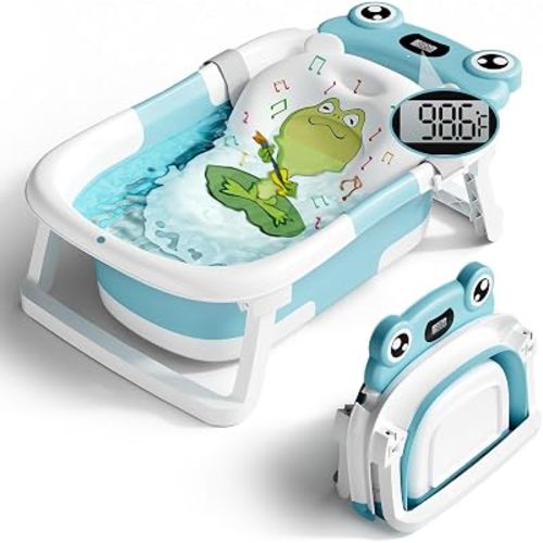 Baby Bathtub, Collapsible Newborn Bathtub for Infant to Toddler with Soft Cushion and Thermometer,Portable Travel Newborn Tub with No-Slip Feet, Baby Shower Gifts, 0-12 Months Baby Bath, Blue