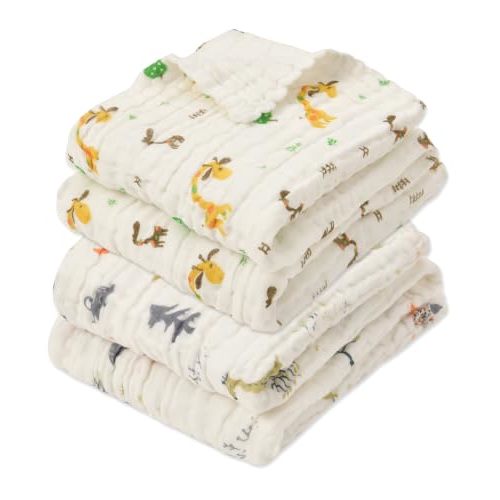 Muslin Baby Blanket 6-Layer 43"x43", 2-Pack White Animal Set | Soft Cotton Receiving Blanket for Infant Swaddle Blanket Toddler Boys Girls Bath Towel, Newborn Essentials