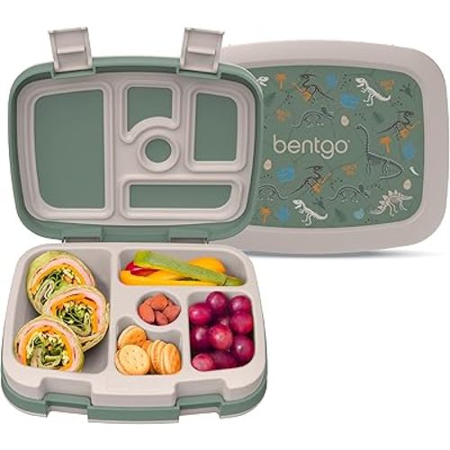 Bentgo Kids Prints Leak-Proof, 5-Compartment Bento-Style Kids Lunch Box - Ideal Portion Sizes for Ages 3-7, Durable, Drop-Proof, Dishwasher Safe, & PFAS & BPA-Free Materials (Dino Fossils)