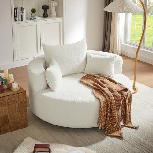 Oversized 360° Swivel Barrel Chair for Living Room, Modern Comfy 56.3'' Round Boucle Reading Accent Chair with Extra Wide & Deep Seat, Overstuffed Cushions, Easy Assembly, Cream White