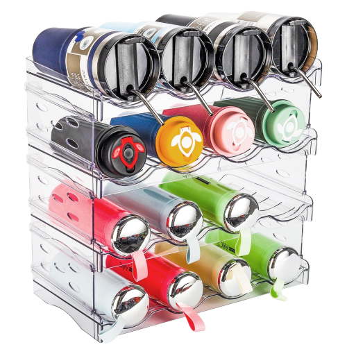 IRINNA Water Bottle Organizer, Stackable Plastic Bottle Holder for Cabinet,Storage Rack,Kitchen Pantry, Fridge, Cup Holder for Wine -4 Pack, Hold 16 Containers