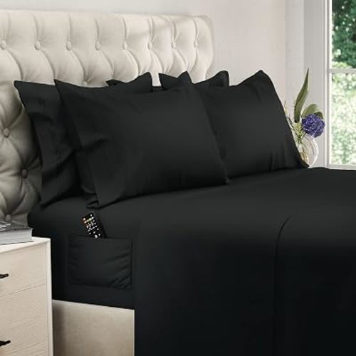 DREAMCARE King Size Sheets Set - 6 pcs Breathable Cooling Bed Sheets - up to 21" Extra Deep Pocket King Sheet Set with Side Pockets - Extra Soft 100% Brushed Hypoallergenic Hotel Luxury Bedding- Black