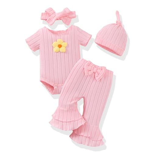 Renotemy Preemie Newborn Baby Girl Clothes Infant Short Sleeve Romper Summer Outfits Gifts for Girls Bell Bottoms Pants Set