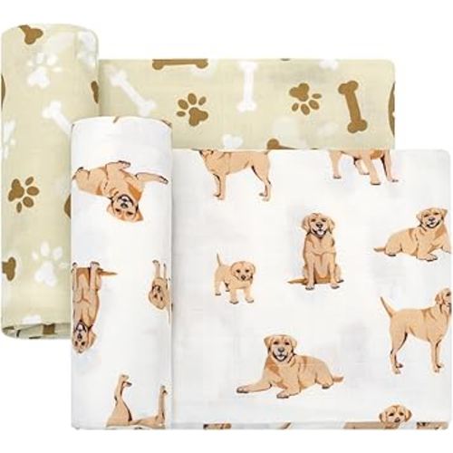 LifeTree Baby Swaddle Blankets, Boys Girls Muslin Swaddling Wrap Receiving Blanket for Newborn, 70% Viscose Bamboo and 30% Cotton, Large 47" x 47", Labrador and Bone