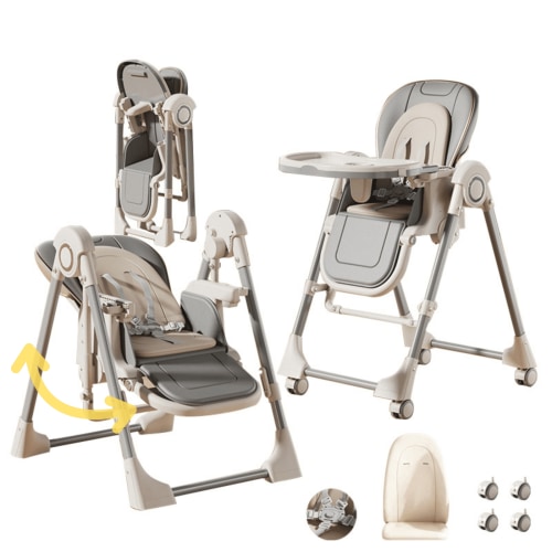 4 in 1 Convertible Baby High Chair Baby Swings Foldable Infant Feeding Chair Dining Chair with Removable Tray,5-Point Harness,Universal Wheels ,PU Leather for Babies to Toddlers,Gray