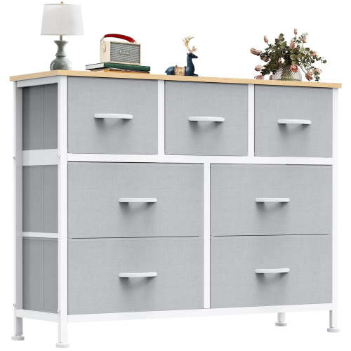 Dresser, Betcozy Storage Organizer with 7 Drawers for Bedroom, Chest of Drawers with Fabric Bins, Sturdy Metal Frame, Wood Tabletop for Guest Room, Closet, Entryway, Nursery, Light Gray