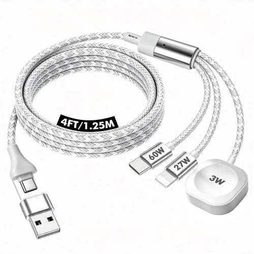 Atzeste 3-in-1 Fast Charging Cable 90W Charger, Type C/Lightning/Magnetic Multi Charge Dock with USB/Type C Input, Portable Designed for iWatch Series, iPhone 17-11, Car-4FT