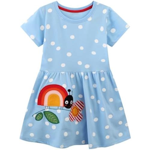 FreeLu Toddler Girls Striped Summer Dress Cartoon Appliques Dresses Girls Cotton Casual Clothing 2-7Y