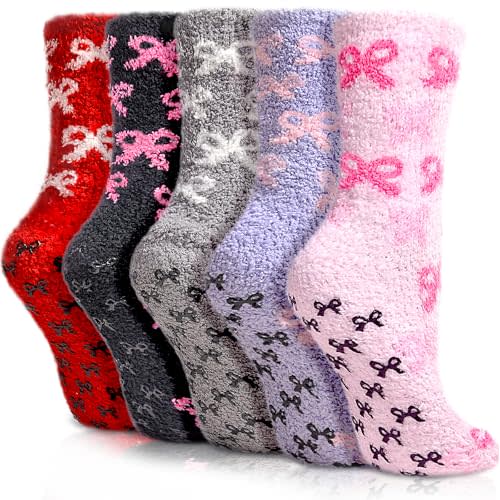 Resiprolty Non Slip Fuzzy Socks for Women Warm Fluffy Socks with Grips Bow Hospital Sock Non Skid Cozy Grippy Sock 5 Pairs