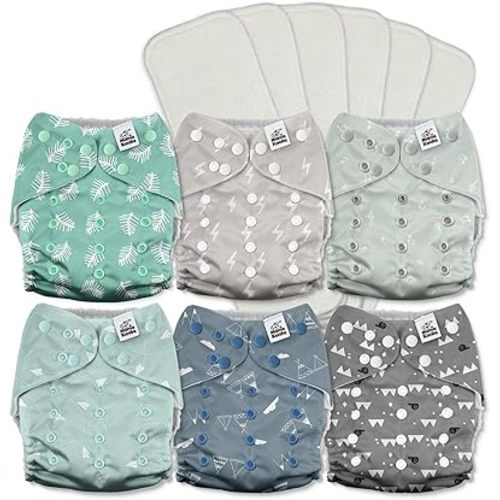Mama Koala 3.0 Pocket Cloth Diapers for Babies with AWJ Lining, 6 Pack with 6 5-Layer Natural Cloth Diaper Inserts - Reusable and Washable Pocket Diapers(A-The Gray Sky)