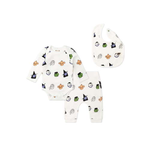 M+A by Monica + Andy Organic Cotton Gender Neutral Halloween First Moves Bodysuit + Groove Pant + Bib Set, Sizes Newborn -24 Months